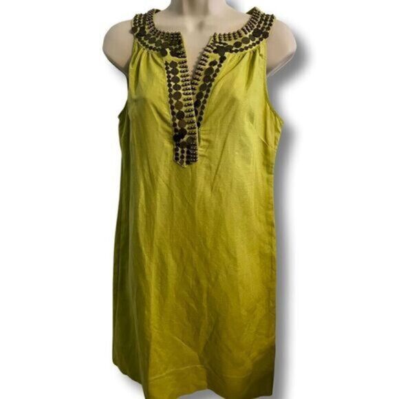 NY & Company Linen Blend Sleeveless Dress. Chartreuse color with beaded neckline - Picture 1 of 7